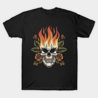 Retro Blaze Skull Tattoo - Vintage Flame Ink T-Shirt